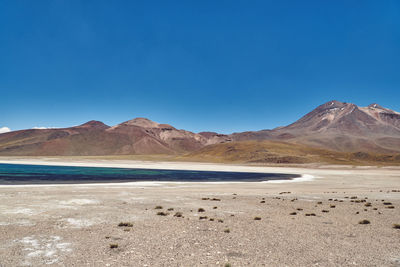 Scenic view of desert against clear blue sky