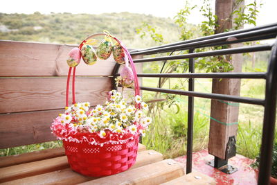 Red flower pot on table at park