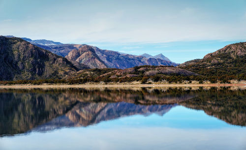 Scenic view of lake and mountains against sky