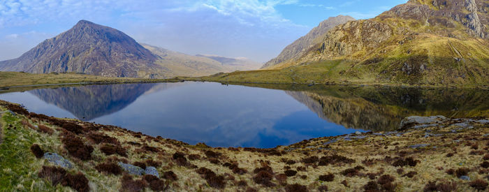 Scenic view of lake and mountains against sky