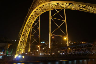 Low angle view of illuminated bridge against sky at night