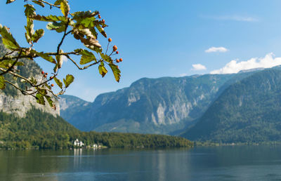 Scenic view of lake by mountains against sky