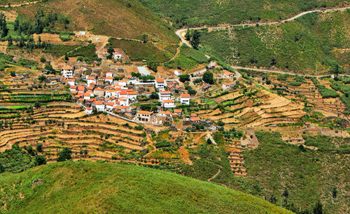 High angle view of buildings in village
