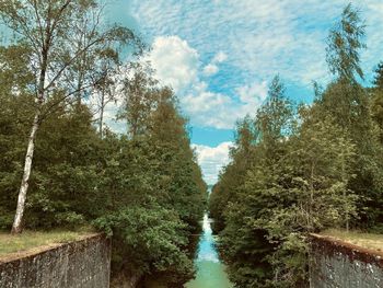 Panoramic shot of canal amidst trees against sky
