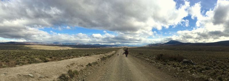 Man walking with dogs on dirt road along landscape against cloudy sky