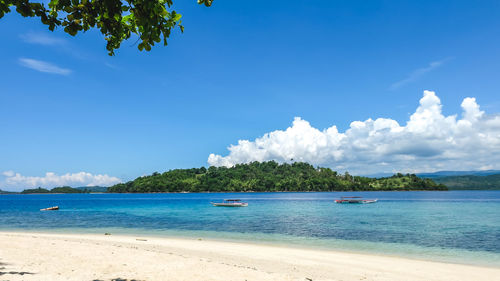 Scenic view of beach against blue sky