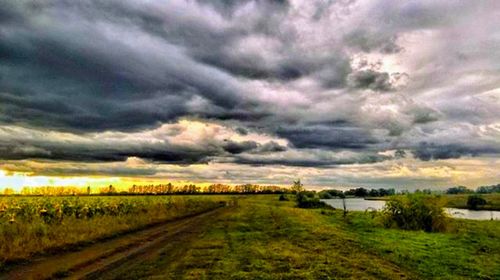 Scenic view of agricultural field against dramatic sky