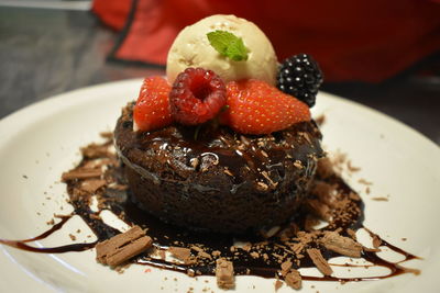 Close-up of chocolate cake in plate