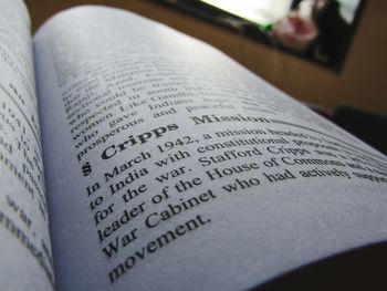 High angle view of text on book