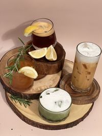 High angle view of drink in glass on table