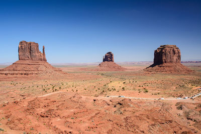 Scenic view of desert against clear blue sky