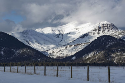 Scenic view of snow covered mountains against sky