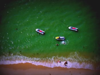 High angle view of boat floating on sea