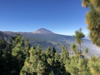 Scenic view of mountains against clear blue sky