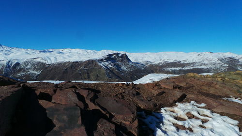 Scenic view of snowcapped mountains against clear sky