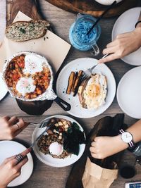High angle view of people eating food