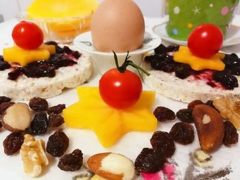 Close-up of dessert served on table