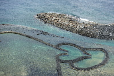 High angle view of heart shape on beach