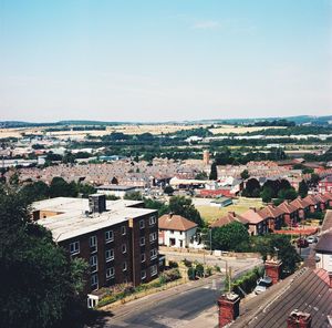 High angle shot of townscape against sky