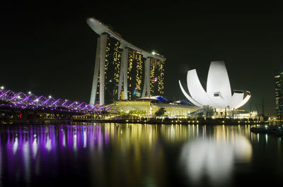 Reflection of illuminated buildings in river at night