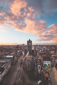 High angle view of townscape against sky during sunset