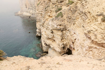 High angle view of rock formation in sea
