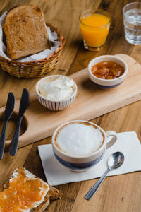 High angle view of breakfast on table