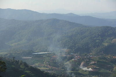 High angle view of landscape and mountains