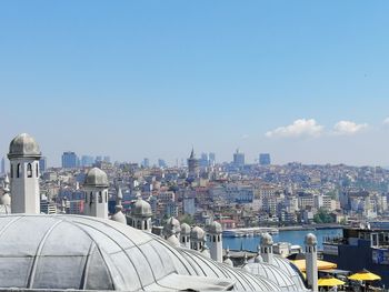 Buildings in city against blue sky