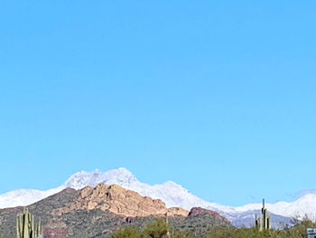 Scenic view of snowcapped mountains against clear blue sky