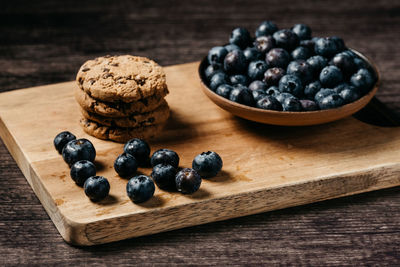 High angle view of fruits in plate on table