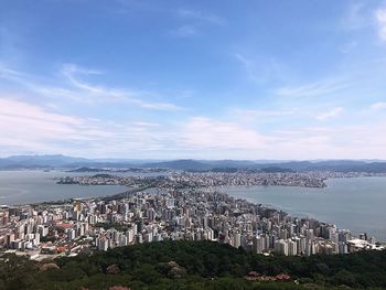 Aerial view of town against cloudy sky