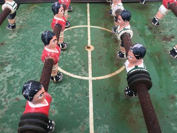 High angle view of rusty abandoned foosball