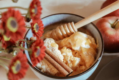 High angle view of breakfast served on table