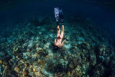 Low section of man swimming in sea