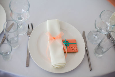 High angle view of food in plate on table