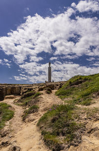 Lighthouse on landscape against cloudy sky