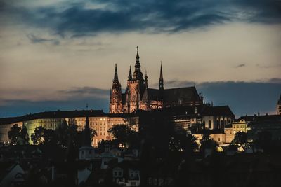 Panoramic view of buildings in city at sunset