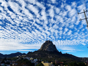 Panoramic view of townscape by mountain against sky