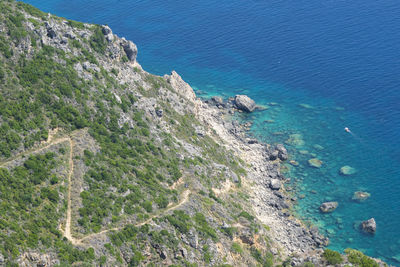 High angle view of sea and mountains
