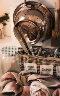 Close-up of wicker basket on table