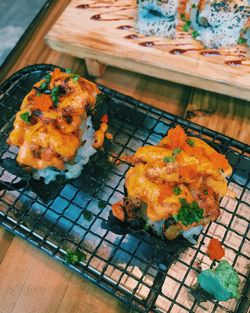 High angle view of food on barbecue grill