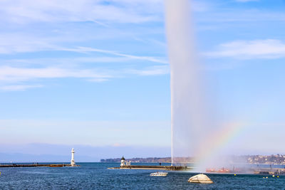 View of boats in lake against sky in geneva 