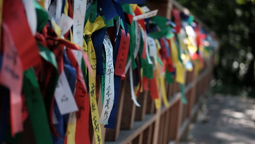 Close-up of colorful lanterns hanging on wall