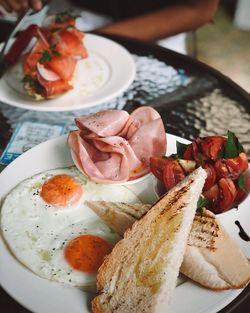 High angle view of food served in plate on table