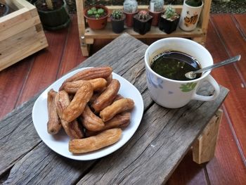 High angle view of breakfast on table