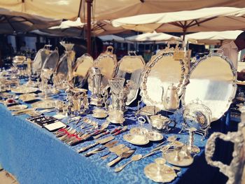 High angle view of glasses on table