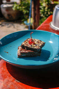 High angle view of dessert in plate on table