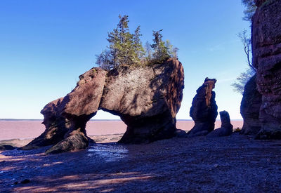 Rock formation on beach against clear blue sky