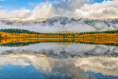 Reflection of trees in lake against sky